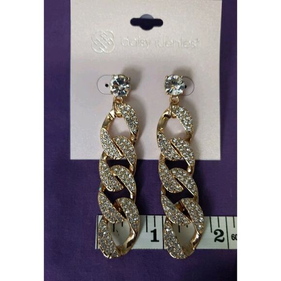 Daisy Fuentes Long Dangle Statement Earrings Gold Tone Clear Rhinestones New - Picture 5 of 6